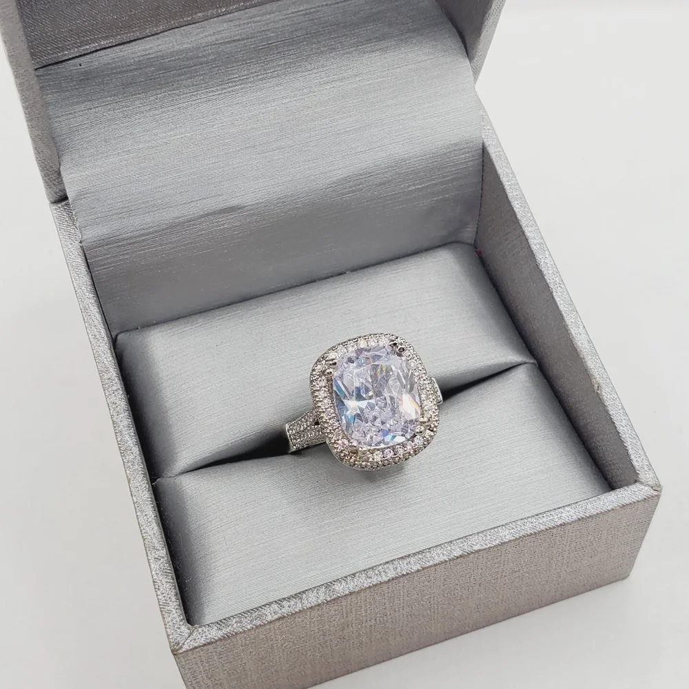 Cushion Cut White Diamond Simulants Silver Tone Pave Halo Engagement Ring